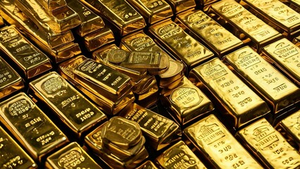 gold bars and coins are stacked together Superfine details