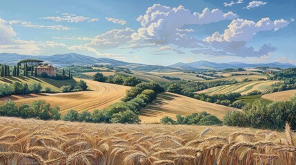 The sweeping vista of the picturesque Mugello countryside bathed in the warm afternoon glow of the summer solstice showcases expansive wheat fields stretching as far as the eye can see