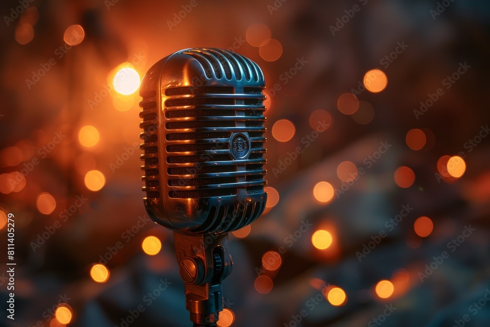Poster classic microphone in a warm and inviting bokeh light setting, creating a mood suitable for intimate