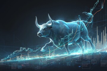 the green stock market chart is growing up with an animated bull running in front of it in dark background color