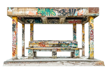 Abandoned public space full of colorful graffiti isolated over transparent background