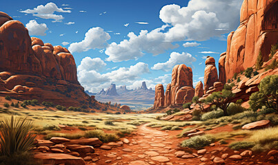 Desert landscape with rocks & trees.
