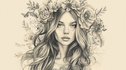 A beautifully drawn girl with long flowing hair adorned with an intricate floral headpiece set against a neutral background