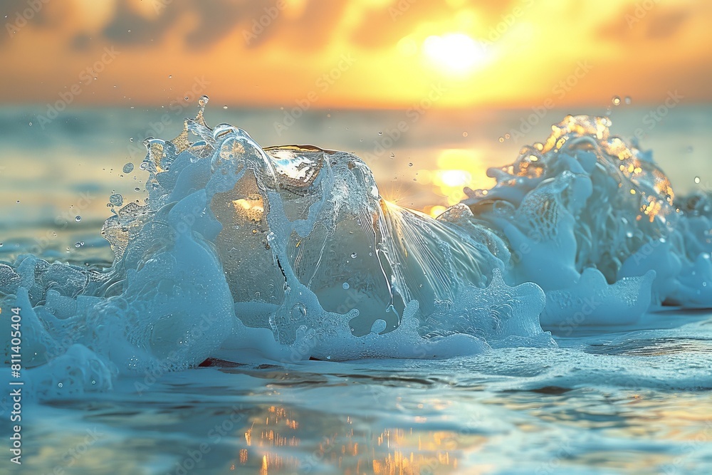 Poster Highly detailed photo capturing the translucent wave with the sunset in the background, creating a serene scene