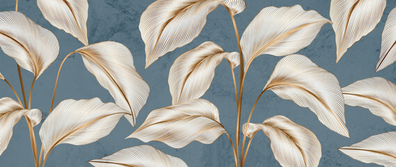 Luxury art background with white leaves of tropical plants with golden elements in line art style. Botanical art poster for design of print, banner, textile, wallpaper, interior design, packaging.