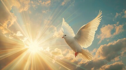 A breathtaking image capturing the essence of freedom with a white dove in flight against a sunburst sky, symbolizing peace and hope - Powered by Adobe