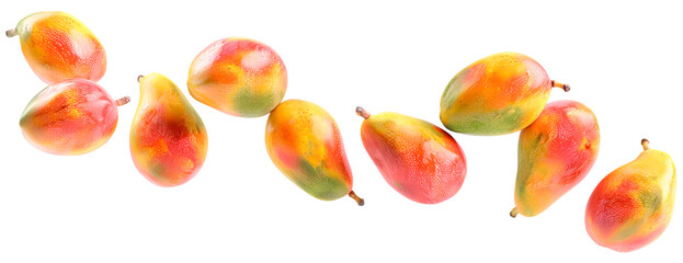 Delicious ripe mangos floating over isolated transparent background