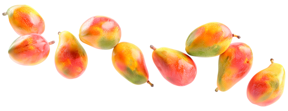 Delicious ripe mangos floating over isolated transparent background