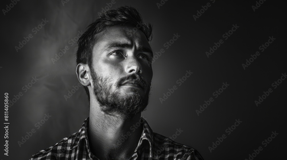 Poster handsome man portrait on dark background with room for text monochrome filter applied