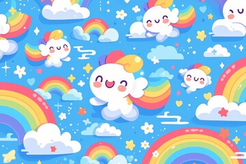 rainbow sky background with cartoon clouds and rainbows 