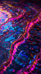 Waves of black liquid with colored streaks of paint and sequins, abstract background, vertical photo