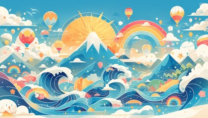 This paper cut art is an illustration of the sun, clouds and mountains in front of a blue sky, with colorful hot air balloons flying around. 