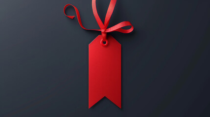 Vivid red sale tag hanging by a ribbon isolated on a dark grey background, suggesting a discount.