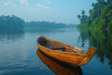 Obraz premium An image showcasing a still wooden boat floating on a serene river surrounded by lush tropical forest