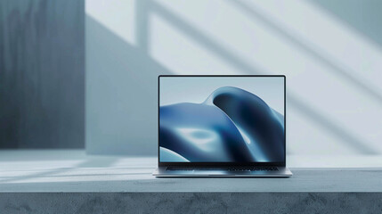 An open laptop with a beautiful wavy splash on the screen. Laptop stands on the table, minimalist workspace