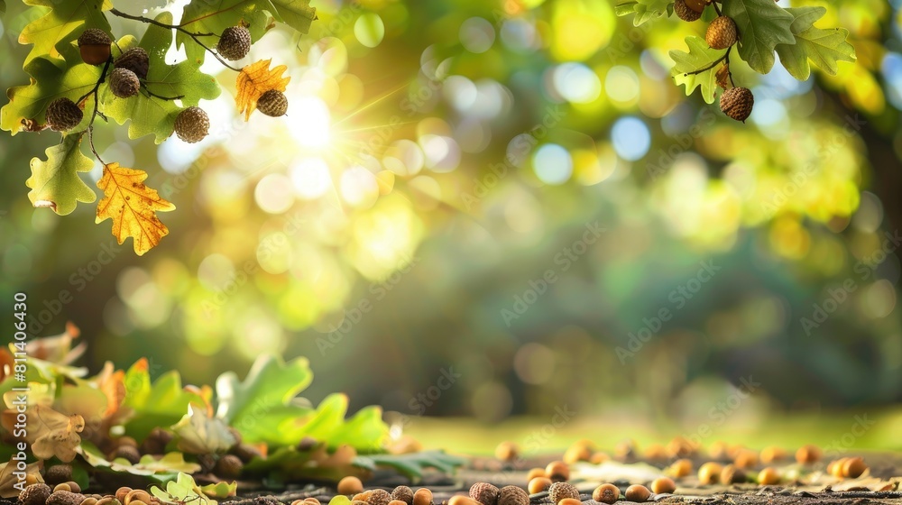 Aufkleber oak tree in the woods with acorns and leaves on a blurred backdrop empty space wide view