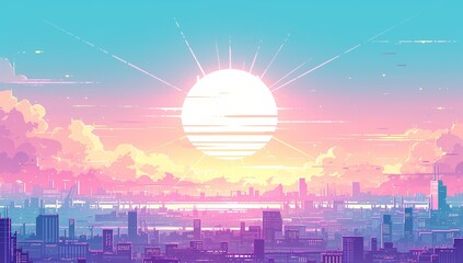 background of a purple sunset over a cityscape, with the sun in the center and rays spreading across the sky
