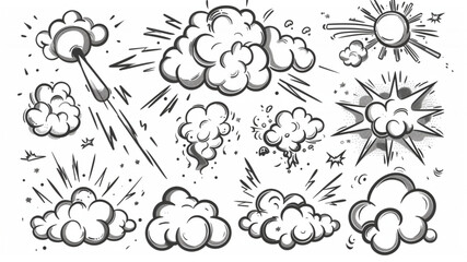 Comic cartoon line bomb explosion. Doodle fight boom and bang effects, black pop drawn explosive elements, explose clouds, sketch shapes 3D avatars set vector icon, white background
