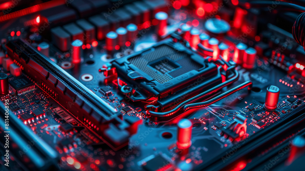 Aufkleber close-up view of a glowing circuit board featuring advanced microchips and electronic components in 