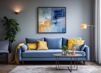Living room with an azure couch and a painting on the wall