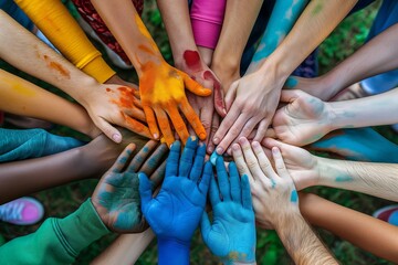 Fototapeta premium A vibrant overhead shot capturing a group of diverse hands smeared with colorful paints