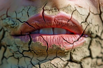 Obraz premium Macro shot of lips with applied cracked earth texture, depicting drying and aging