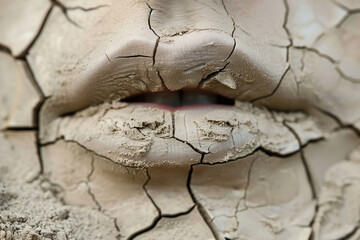 A close-up shot capturing the cracked texture resembling dry earth plastered on human lips suggesting dehydration