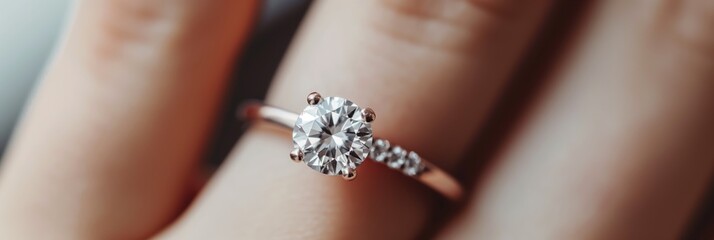 A finely detailed photograph of a sparkling diamond ring elegantly placed on a finger, symbolizing love and commitment