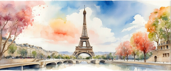 Watercolor painting of Eiffel Tower and autumn trees