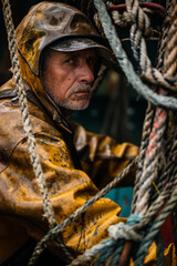 Obraz premium A focused sailor dressed in a yellow waterproof raincoat working with nautical ropes