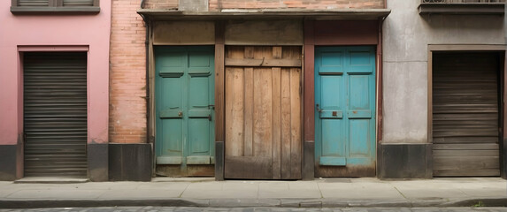 Weathered doors of varying colors on a building