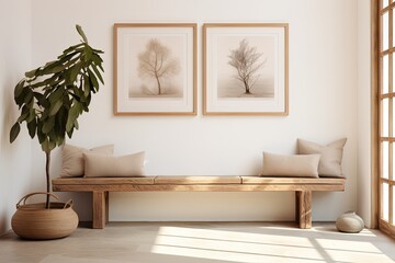 Wooden bench with pillows and wall picture, enhancing interior design