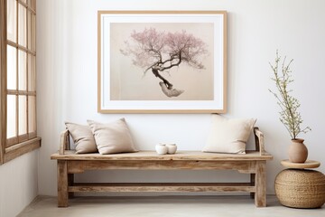 Wooden bench with pillows and wall picture, enhancing interior design