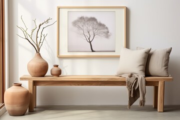 Wooden bench with pillows and wall picture, enhancing interior design