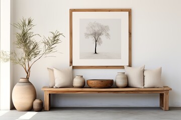 Wooden bench with pillows and wall picture, enhancing interior design