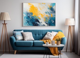 Living room with an azure couch and a painting on the wall