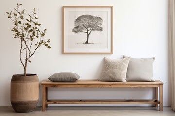 Wooden bench with pillows and wall picture, enhancing interior design