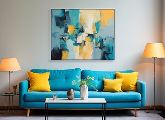 Living room with an azure couch and a painting on the wall