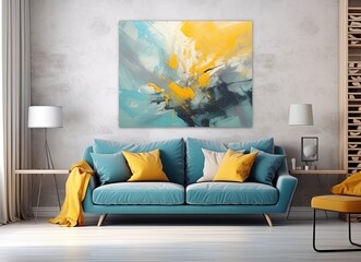 Living room with an azure couch and a painting on the wall