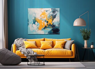 Living room with an azure couch and a painting on the wall