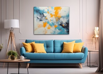 Living room with an azure couch and a painting on the wall