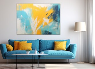 Living room with an azure couch and a painting on the wall