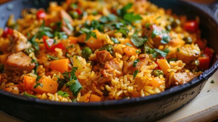 Mixed rice and vegetable dish with chicken meat