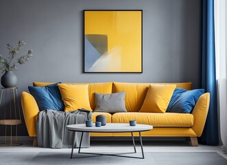 Living room with an azure couch and a painting on the wall