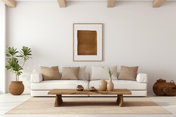 Stylish and scandinavian living room interior of modern apartment with gray sofa, design wooden commode,