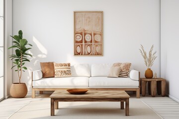 Stylish and scandinavian living room interior of modern apartment with gray sofa, design wooden commode.