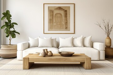 Stylish and scandinavian living room interior of modern apartment with gray sofa, design wooden commode.