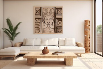 Stylish and scandinavian living room interior of modern apartment with gray sofa, design wooden commode.