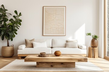 Stylish and scandinavian living room interior of modern apartment with gray sofa, design wooden commode.