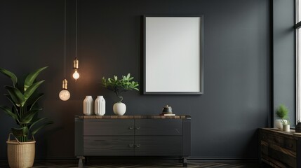 dark Gray living room interior with dresser and square poster